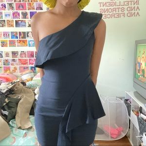 off the shoulder one side navy blue floral dress